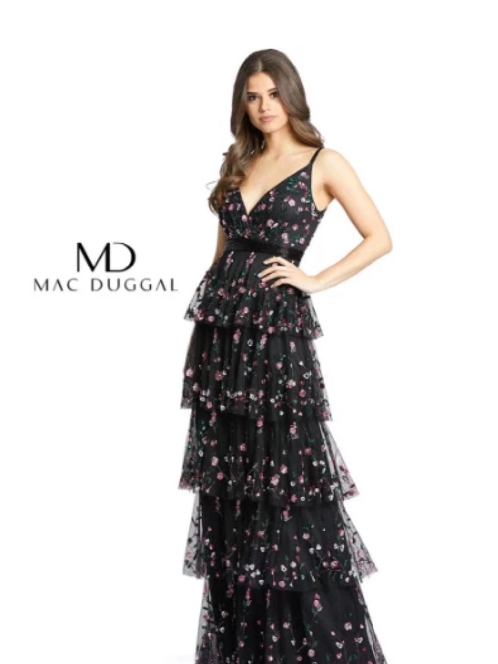 Mac Duggal Black Floral Tiered V-Neck Maxi Dress